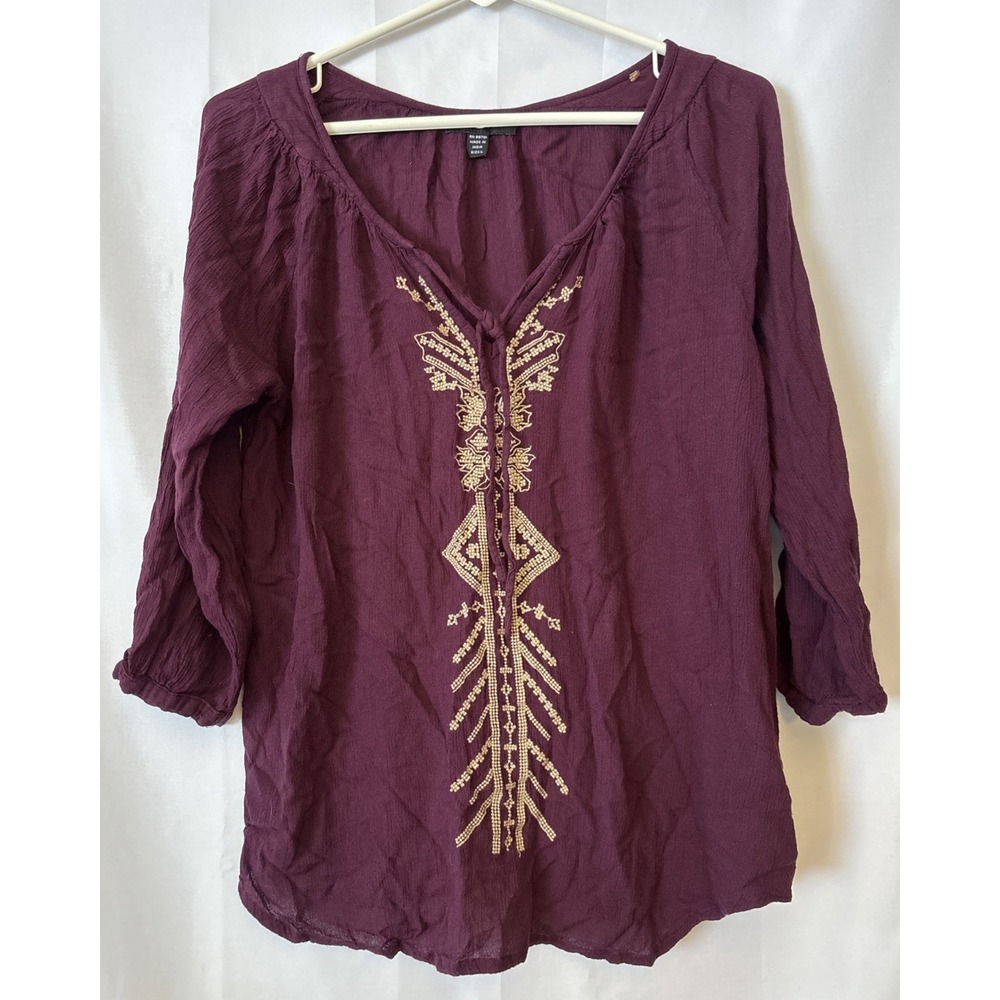 Women's LG Burgundy Embroidered Boho Hippie Tunic Quarter Sleeves V‎ Neck Tie